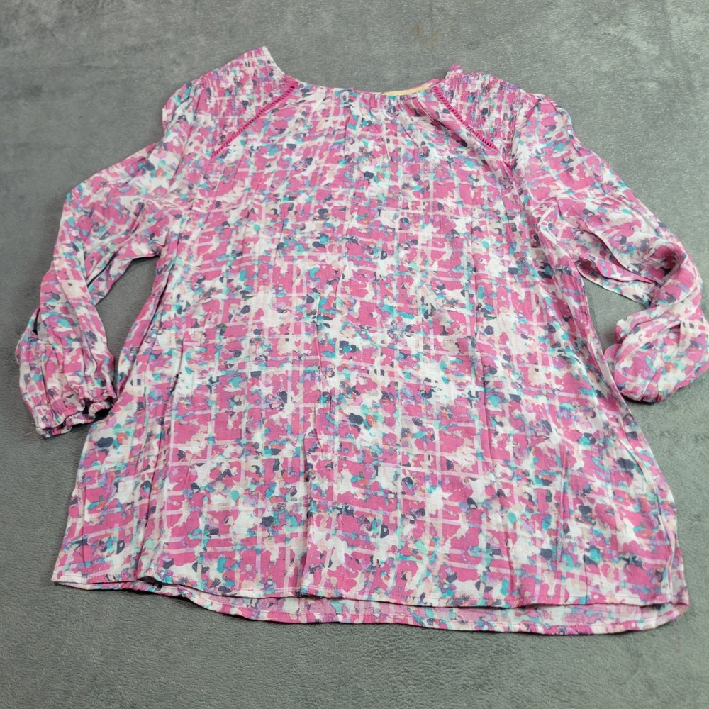 Hope & Harlow Blouse Womens Large Pink Abstract‎ Plaid Smocked Crochet Trim Top